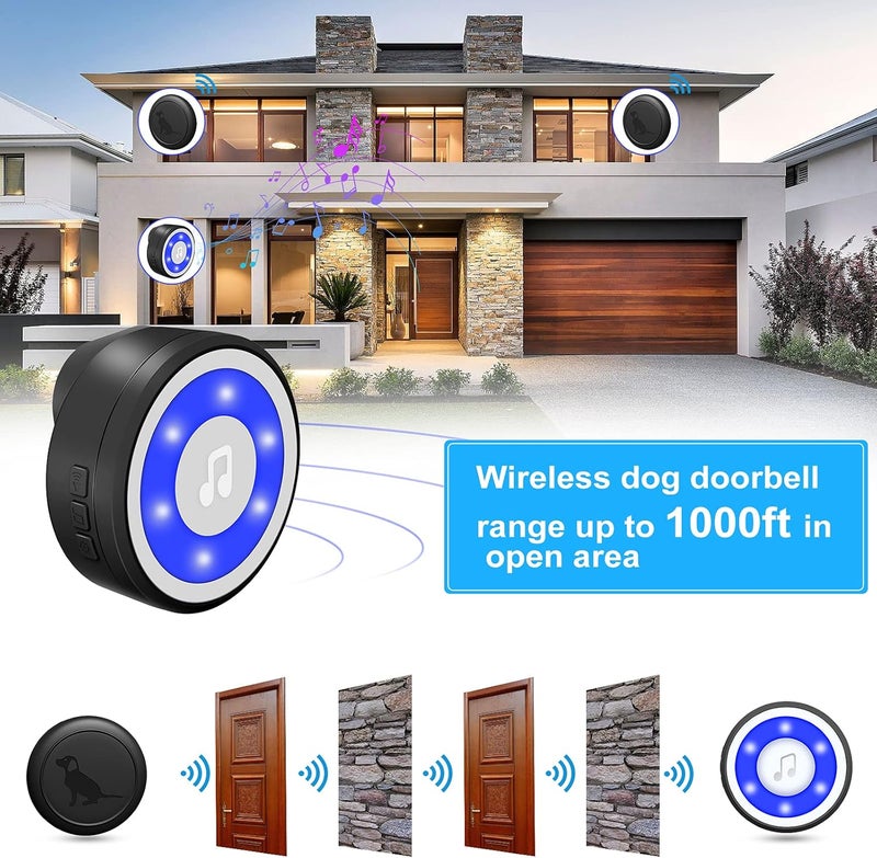 Mypin Wireless Dog Doorbell, Dog Bells for Potty Training IP65 Waterproof Touch Button Doggie Doorbell 1000ft Long Range with 20 Melodies 4 Modes LED Flash (2 Transmitter) - Image 5